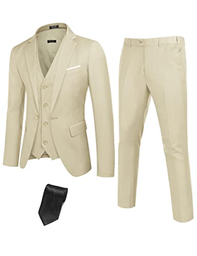 Coofandy Men's Suit Sets Business Wedding Prom Tuxedo Suit Vest Trousers 3 Piece Beige #TOP22