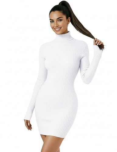 v28 Women Turtleneck Long Sleeve Bodycon Fall Winter Mini Slim Knit Sweater Dress(XL White)