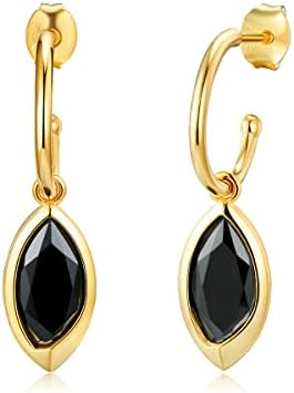 BELLNA 14K Gold Dainty Earrings for Women 925 Sterling Silver with Cubic Zircoina Marquise Brilliant Cut Dangle Hoop Earrings for Women Girl Her Wedding Party Gift (Black CZ)