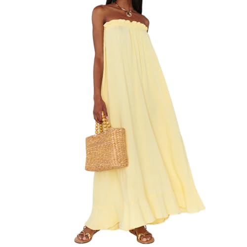 Image of Women Floral Print Maxi Tube Dress Strapless Flowy Long Bandeau Dress Y2K Open Back Sundress Summer Beachwear