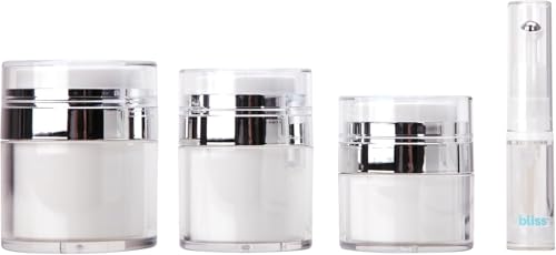 Bliss Travel Bottles Set - Airless Pump Bottle Containers, Perfume Atomizer Mini Spray Bottles, and Leakproof Travel Size Containers for Skincare, Lotions, and Liquids, White Jar
