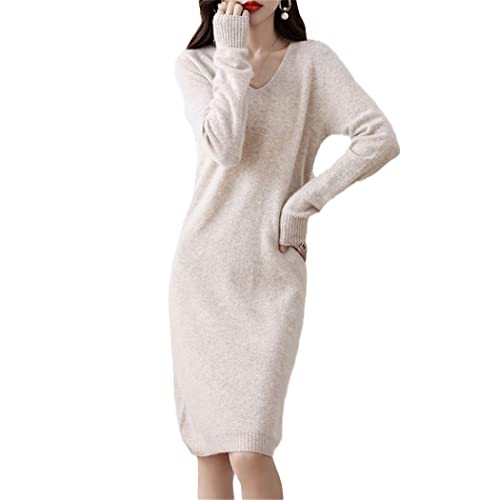 Robe pull en laine de qualité supérieure Haitpant avec col en V féminin et manches longues beige