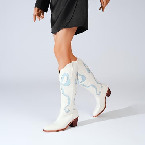 Women's White Cowgirl Boots with Bow Knee High Cowboy Boots Almond Round Toe Chunky Heel Embroidered Western Cowboy Boots for Women4
