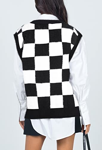 Viottiset Women's Oversized V Neck Fuzzy Checkered Sweater Vest Tunic Sleeveless Knit Top Black Medium #TOP2