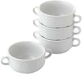 Jean-Patrique Set of 4 White Classic Culinaria Double-Handled Small Hearty Soup Bowls, Dishwasher Safe