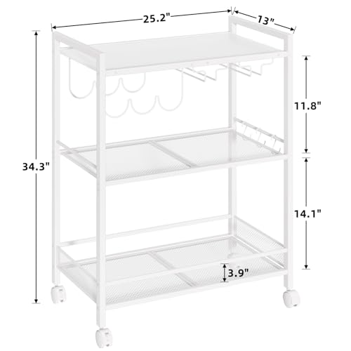 Image of Joaxswe Bar Cart,3-Tier Home Bar Serving Cart with Lockable Wheels,White | Microwave Cart,Mobile Kitchen Shelf,Rolling Beverage Cart with Wine Rack and Glass Holder for Kitchen,Dinning Room