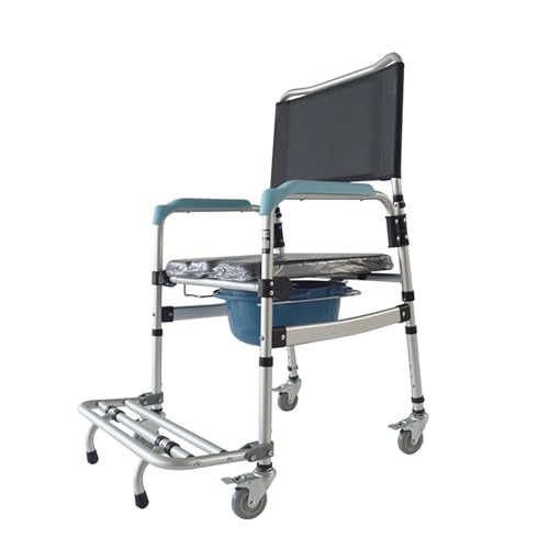 BEILOCKERY Shower Wheelchair with Commode, Aluminum Alloy Shower Chair with Wheels, Black Wheelchair for Elderly and Disabled