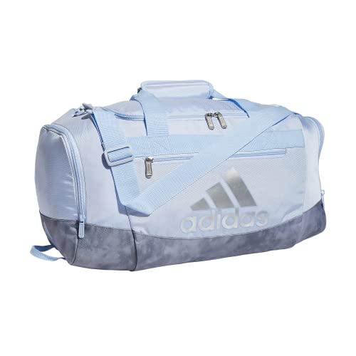 Image of adidas Unisex Defender 4 Small Duffel Bag, Blue Dawn /Stone Wash Grey /Silver Metallic, One Size