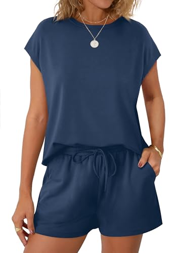 Image of WIHOLL Two Piece Sets for Women Summer Crew Neck Lounge Short Sets Cap Sleeve Drawstring Sweatsuit with Pocket