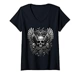 Damen Totenkopf und Flügel T Shirt mit V Ausschnitt
