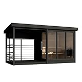 KC Kallie 4 Person Outdoor Sauna with Terrace – Nordic Spruce Wellness Cabin with Glass Front – Dual Aspen Benches – Garden Heat Therapy Pod – Compact Spa Retreat – For Home or Rental Use