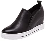 Hidden Wedge Sneakers for Women Slip on, High Heel Low Top Fashion Shoes Casual Platform Loafers (7.5, Leather Vamp Black)