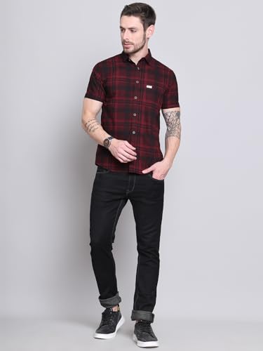 Image of Majestic Man Men Comfort Slim Fit Checked Pure Cotton Half Sleeve Casual Shirt