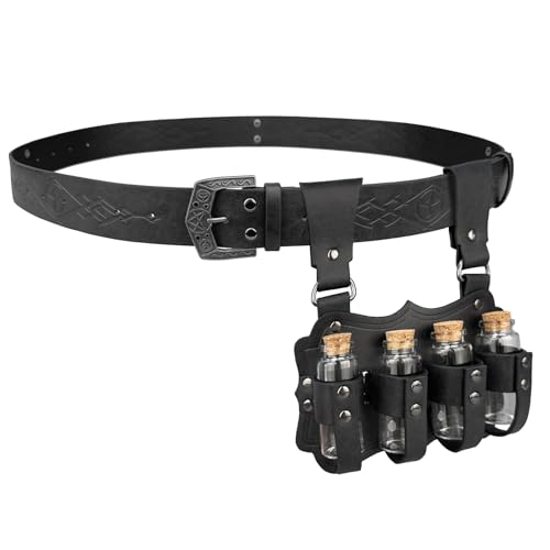 HiiFeuer Medieval Embossed Alchemy Faux Leather Buckle Belt with 4 Cork Vials, Fantasy Wizard Potion Bottles Belt
