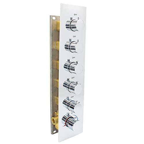 HOMEDEC 5 Functions Shower Diverter Valve, 5 Way Thermostatic Mixing Shower Rough-In Valve and Trim Kit, Thermostatic Shower Control Water Outlet, Chrome