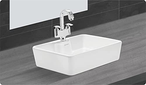 Image of Wash Basin Table Top Over Counter Vessel Sink Glossy Finish White Sink for Bathroom (19 x 15 x 5 Inch)