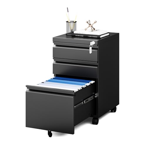 MIIIKO File Cabinet 3 Drawers on Wheels Under Desk, Black Metal Rolling File Cabinets with Lock for...