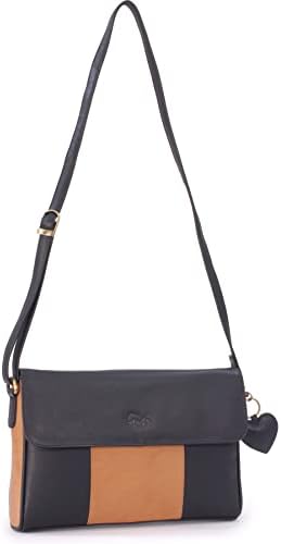 GIGI - Women's Leather Flap Over Cross Body Handbag - Shoulder Bag with Long Adjustable Strap - Black and Honey - OTHELLO 6816 - Black Honey