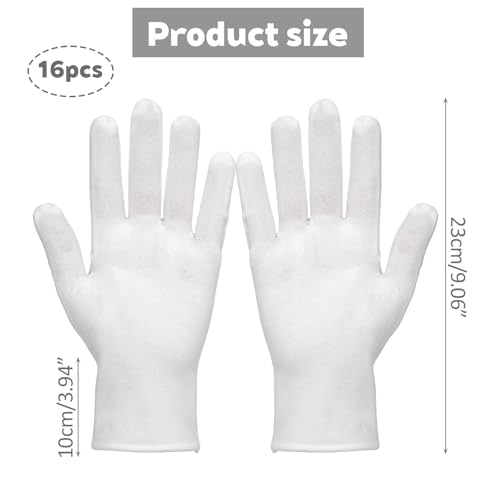 32 Pcs White Cotton Gloves, Moisturizing Sleep Gloves for Dry Hands Eczema, Reusable Gloves for Jewelry Art Inspection & Cosplay