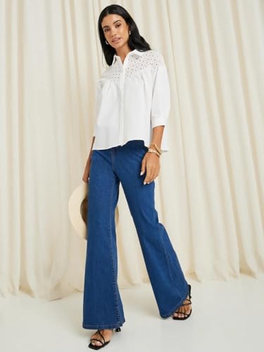 Image of Styli Women Schiffli Yoke Extended Sleeves Spread Collar Relaxed Fit Casual Shirt | Stylish Casual Shirt for Office, Party Outfits