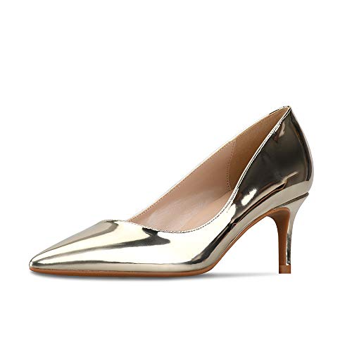 GOXEOU Zapatos de corte de metal plata oro puntiagudo tacón de aguja moda vestido bombas fiesta oficina carrera Dorado, talla 40 EU Cover
