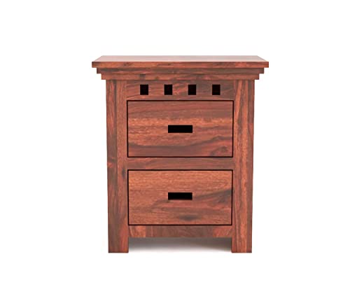 Image of WOODLAB Solid Sheesham Wood Bedside End Table with 2 Drawer Storage for Bedroom Wooden Nightstand Table Home Office (Kuber Honey Finish)