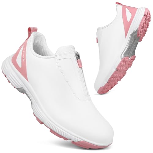 THESTRON Women Waterproof Golf Shoes Spikes Golf Training Sneakers Female Golf Footwears Zipper Golf Sports Shoes Women Walking Sneakers with Spikes Zipper (9.5,White Pink 506)