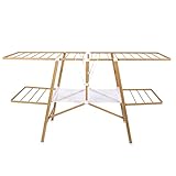 Tendedero de gran capacidad, extensible y plegable en acero imitación madera. Estructura 3x2cm y diámetro de barra 9 mm. Extiende y seca el equivalente a 20 m de tendedero, es decir, ¡nada menos que 2 lavadoras de una sola vez! Muy compacto cuando se pliega, fácil de guardar. Elegante diseño de madera. Dimensiones: Altura 110 cm, longitud 165 cm, profundidad 61,5 cm. Tamaño plegado: 137 x 61,5 x 14 cm. Fácil de plegar y desplegar. Red de malla abierta transpirable para un secado rápido. El re