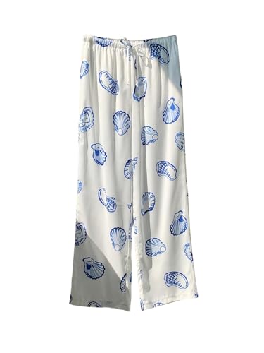 MakeMeChic Women's Seashell Print Elastic Waist Pants Tie Front Wide Leg Summer Trousers