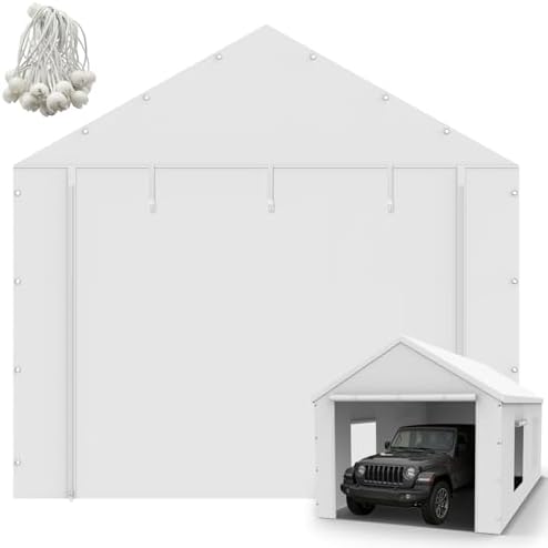 10x20FT Carport Canopy Front/Back Panel Entrance Door Tarp with Zippers, Waterproof & UV Protected Replacement Sidewall Cover with Ball Bungees (White)