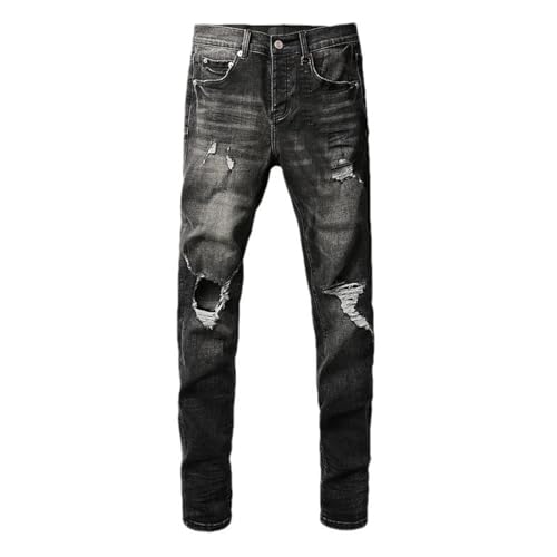 Mnjyihy Men's Straight Leg Denim Pants High Street Ripped Holes Stretch Skinny Button Fly Ripped Jeans Pants