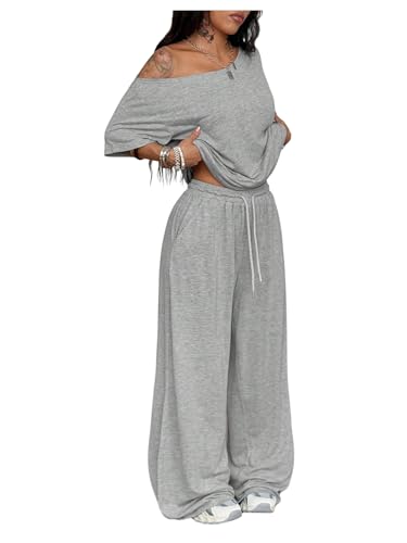 SOLY HUX Women's Summer 2 Piece Outfits Off the Shoulder Half Sleeve T Shirt and Sweatpants Set Casual Streetwear Plain Grey Small