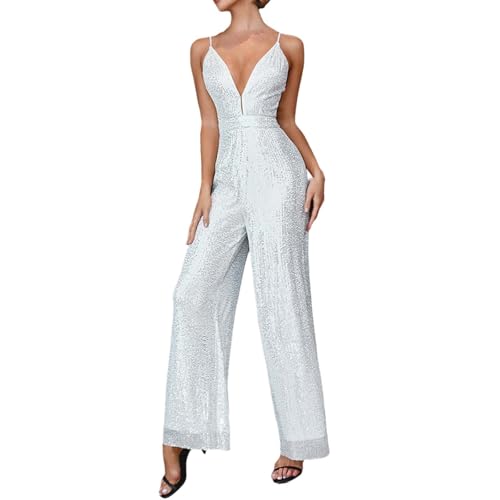 Mono sexy para mujer, cuello en V, con tirantes delgados, lentejuelas, talla única, pierna ancha, sin mangas, hombros descubiertos, para cócteles, fiestas, monos, cintura, Blanco, L