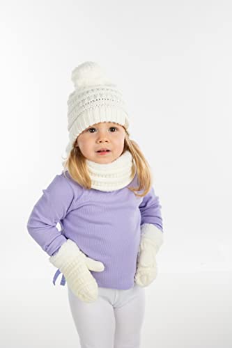 Image of Funky Junque Kids Matching Neck Warmer Scarf Soft Fuzzy Cuff Gloves Mittens Ribbed Knit Pom Pom Beanie Bundle Boy Girl