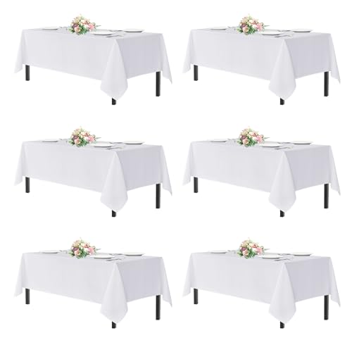 sancua White Table Cloths Rectangle, 6 Pack Tablecoths for 6 Foot Tables - 60x102 Inch - Washable Polyester Fabric Table Cover for Wedding, Birthday Party, Banquet Reception