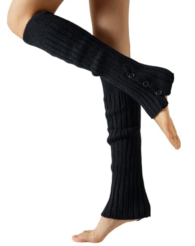 Yawlsow Knit Leg Warmers for Women Girls Button Thick Fluffy Winter Long Socks JK Y2k 80s Ribbed Dance ballet Party Skating (Black One Size)