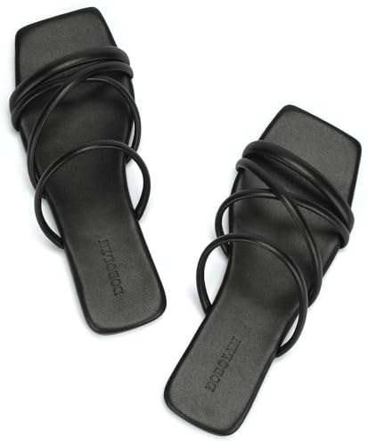 Women's Flat Sandals Strappy Square Open Toe Slide Sandals Dressy Comfortable Wide Feet Friendly - Main Image