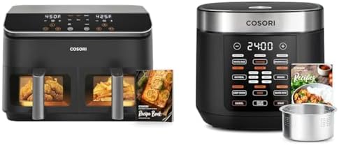 COSORI Dual Basket 9 Qt Air Fryer and 10 Cup Rice Cooker with Ste...