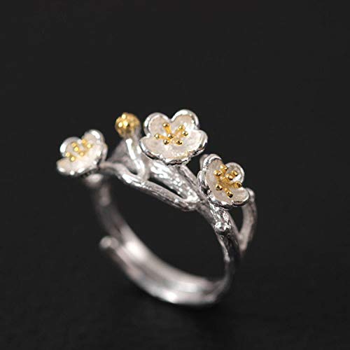 Bague ajustable femme fleur de prunier argent S925 style élégant