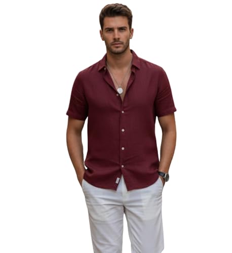 Image of Glowic Men Linen Shirt Casual Regular Fit Solid Stylish Summer Wear Shirt for Office Party Beach Holiday Lightweight Breathable Fashion Shirt