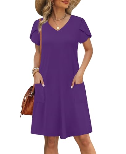 Image of OFEEFAN Womens Summer Dresses 2026 Tulip Petal Short Sleeve V Neck Loose Swing Sundresses with Pockets Plain /Print