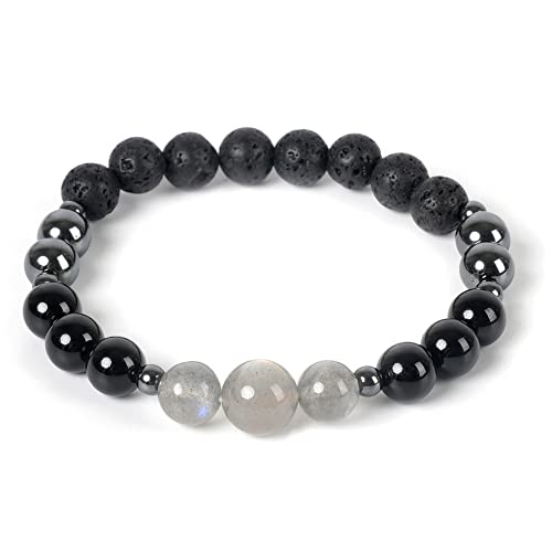 Catiflin Black Tourmaline Bracelet, 8Mm Hematite Beaded Bracelets, Moonstone Lava Rock Obsidian Healing Gemstone Anxiety Essential Oil Stone Stretch Spiritual Onyx Crystal Bracelet Gift For Women Men #TOP9