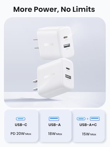 UGREEN 2 Pack 20W USB C PD Wall Charger Block Fast Charge, 2 Ports PD + QC, Compatible with iPhone 17 16 15 14 Pro Max, Pixel 10 9 8 Pro, Galaxy S26 S25 S24 S23, iPad Air and More