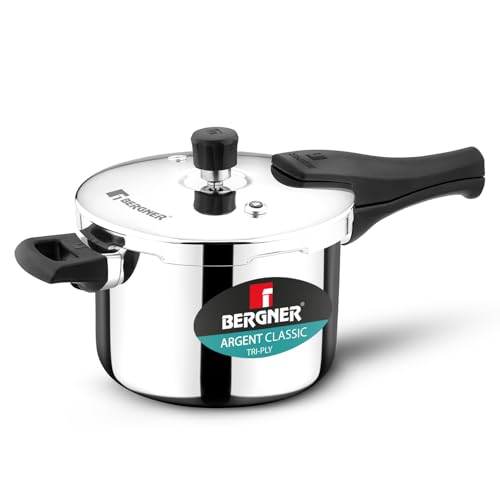 Image of Bergner Argent Classic Triply Stainless Steel 3.5 Liters Outer Lid Pressure Cooker, Triply Cooker with Resettable Safety Valve, Sturdy Handle, Easy to Use and Clean - Induction and Gas Stove Ready