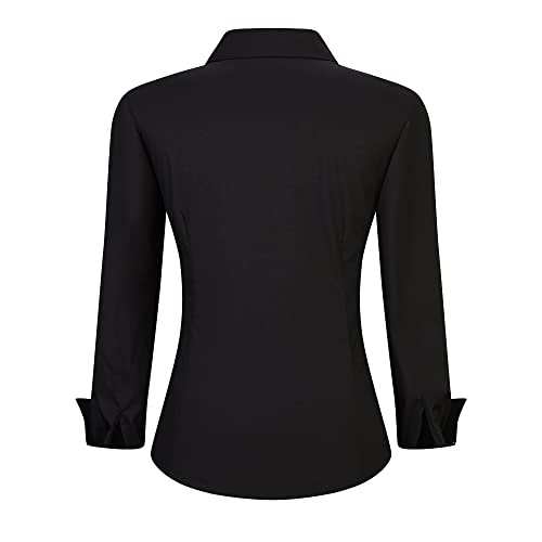 Warhorsee Womens Button Down Shirt Long Sleeve Work Dress Shirts, V Neck Easy Care Stretchy Business Casual Blouses For Women(Black,M) #TOP1