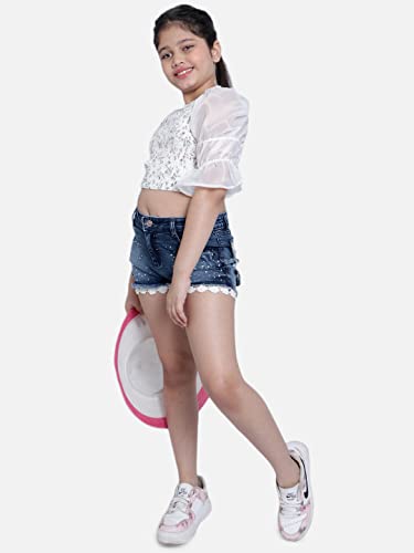 Image of Natilene White Floral Print Square-Neck Ruched Cropped Blouson Top with Short Bishop Sleeves for Girls