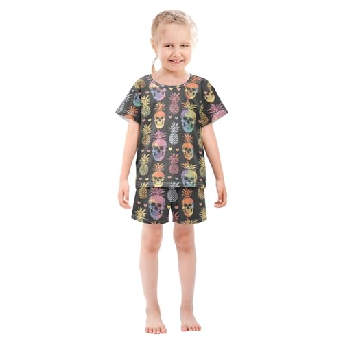 ALAZA Rainbow Skulls Hearts Pineapple Pajama Set Short Sleeve Sleepwear Soft Lounge Nightwear3