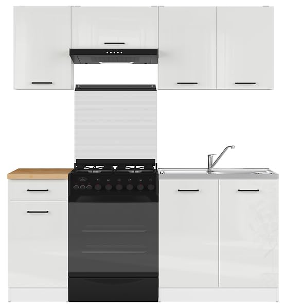 PEGANE Cuisine complète 180 cm,Ensemble de Meuble de Cuisine Coloris Blanc/Craie Brillant, Plan de Travail Coloris Chêne doré Inclus