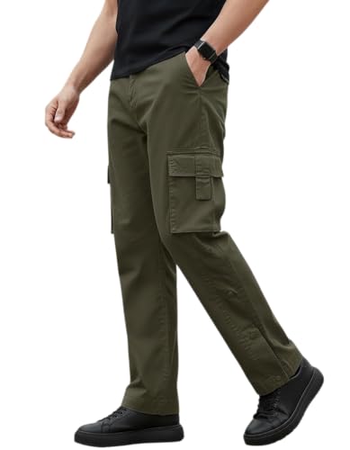 Image of Men's Cotton Cargo Pants | Stylish Elastic Drawstring Waist | Multi Pocket Tactical Pants | Casual Streetwear Utility Comfortable Regular Fit Outdoor Cargos