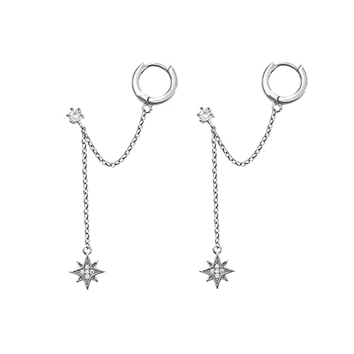 Star 925 Sterling Silver Double Piercing Earrings Huggie Cuff Chain for Women Teen Girls 2 Holes CZ Charm Dangle Drop Small Hoop Earrings Cartilage Climber Jewelry